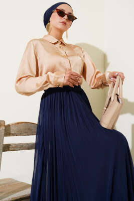 Gold Düğmeli Saten Gömlek Camel - TİLLE