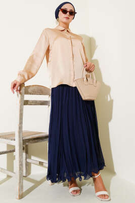 Gold Düğmeli Saten Gömlek Camel - Yılın Fırsatı