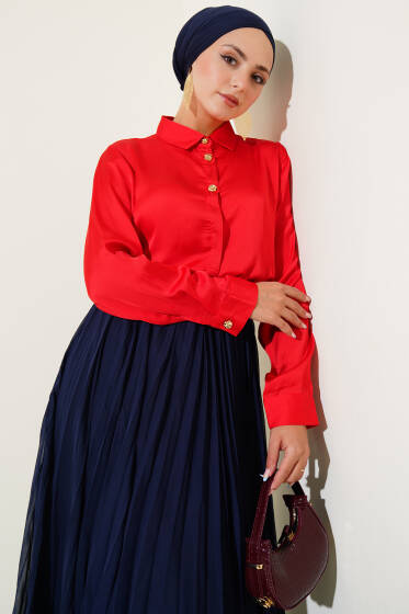 Gold Düğmeli Saten Gömlek Kırmızı - Gömlek