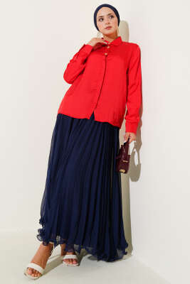 Gold Düğmeli Saten Gömlek Kırmızı - Yılın Fırsatı