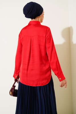 Gold Düğmeli Saten Gömlek Kırmızı - Yılın Fırsatı