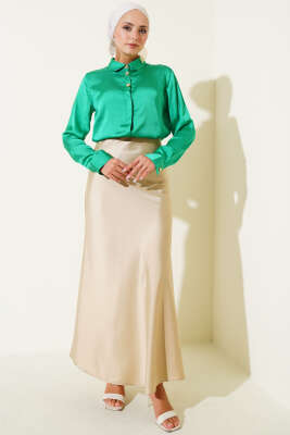 Gold Düğmeli Saten Gömlek Yeşil - Yılın Fırsatı