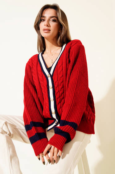 Gold Düğmeli Şeritli Triko Hırka Kırmızı - Kadın Giyim Modelleri