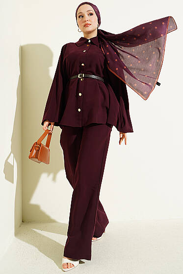 Gold Düğmeli Tensel Panço Takım Bordo - İkili Takım