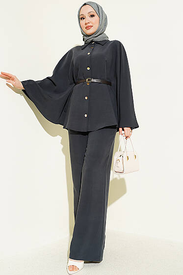 Gold Düğmeli Tensel Panço Takım Füme - İkili Takım