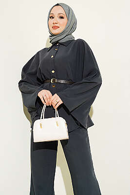 Gold Düğmeli Tensel Panço Takım Füme - İkili Takım