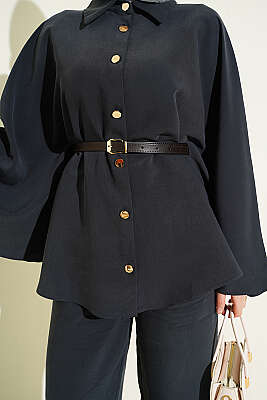 Gold Düğmeli Tensel Panço Takım Füme - İkili Takım