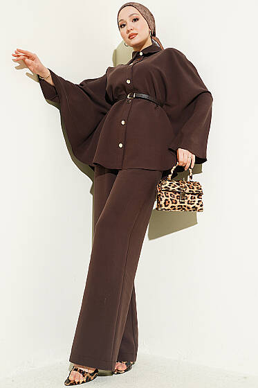 Gold Düğmeli Tensel Panço Takım Kahve - İkili Takım