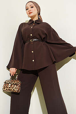 Gold Düğmeli Tensel Panço Takım Kahve - İkili Takım