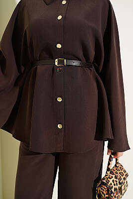 Gold Düğmeli Tensel Panço Takım Kahve - İkili Takım