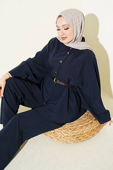 Gold Düğmeli Tensel Panço Takım Lacivert - İkili Takım