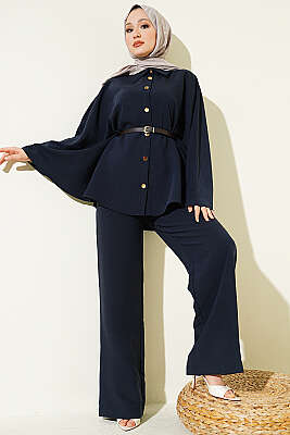 Gold Düğmeli Tensel Panço Takım Lacivert - İkili Takım