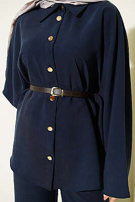 Gold Düğmeli Tensel Panço Takım Lacivert - İkili Takım