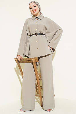 Gold Düğmeli Tensel Panço Takım Vizon - TABA