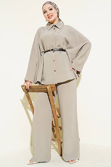 Gold Düğmeli Tensel Panço Takım Vizon - İkili Takım