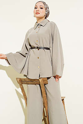 Gold Düğmeli Tensel Panço Takım Vizon - İkili Takım