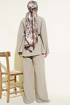 Gold Düğmeli Tensel Panço Takım Vizon - İkili Takım