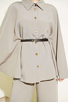 Gold Düğmeli Tensel Panço Takım Vizon - İkili Takım