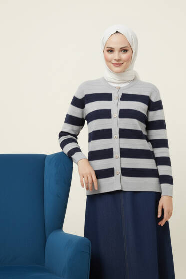Gold Düğmeli Triko Kısa Hırka Gri Lacivert - Hırka