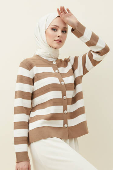 Gold Düğmeli Triko Kısa Hırka Vizon - Hırka