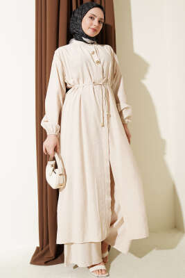 Gold Düğmeli Uzun Tunikli İkili Takım Bej - NESSİA