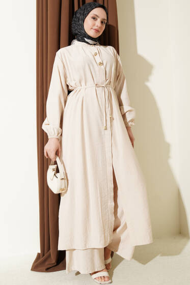 Gold Düğmeli Uzun Tunikli İkili Takım Bej - İkili Takım