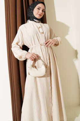 Gold Düğmeli Uzun Tunikli İkili Takım Bej - İkili Takım