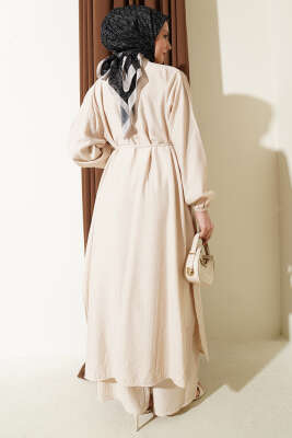 Gold Düğmeli Uzun Tunikli İkili Takım Bej - İkili Takım