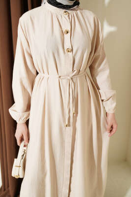 Gold Düğmeli Uzun Tunikli İkili Takım Bej - İkili Takım