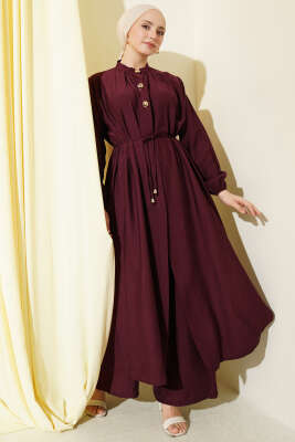 Gold Düğmeli Uzun Tunikli İkili Takım Bordo - NESSİA