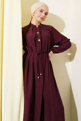 Gold Düğmeli Uzun Tunikli İkili Takım Bordo - İkili Takım