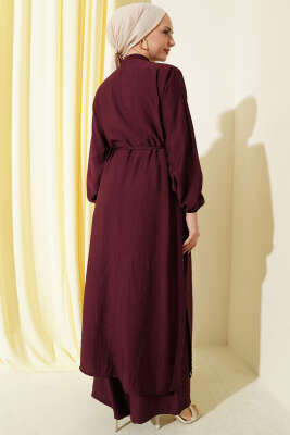 Gold Düğmeli Uzun Tunikli İkili Takım Bordo - İkili Takım