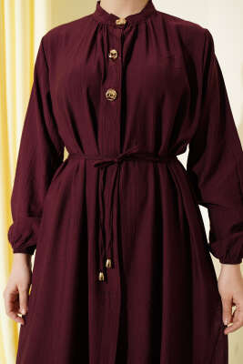 Gold Düğmeli Uzun Tunikli İkili Takım Bordo - İkili Takım