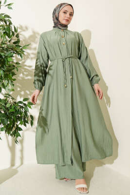 Gold Düğmeli Uzun Tunikli İkili Takım Çağla Yeşili - NESSİA