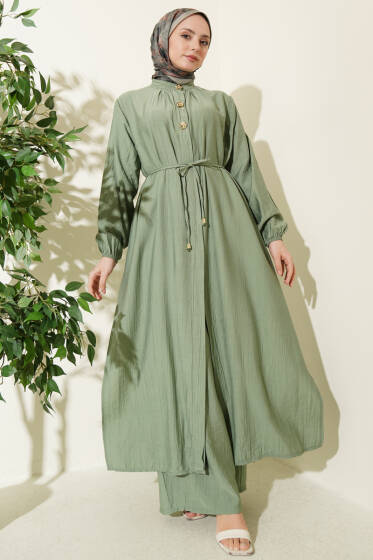 Gold Düğmeli Uzun Tunikli İkili Takım Çağla Yeşili - İkili Takım