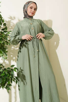 Gold Düğmeli Uzun Tunikli İkili Takım Çağla Yeşili - İkili Takım