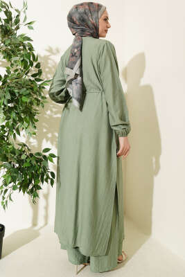 Gold Düğmeli Uzun Tunikli İkili Takım Çağla Yeşili - İkili Takım