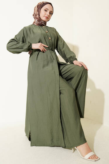 Gold Düğmeli Uzun Tunikli İkili Takım Haki - İkili Takım