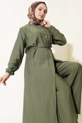 Gold Düğmeli Uzun Tunikli İkili Takım Haki - İkili Takım