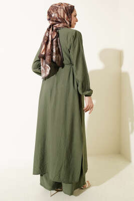 Gold Düğmeli Uzun Tunikli İkili Takım Haki - İkili Takım