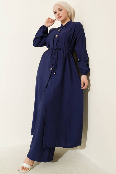 Gold Düğmeli Uzun Tunikli İkili Takım Lacivert - İkili Takım
