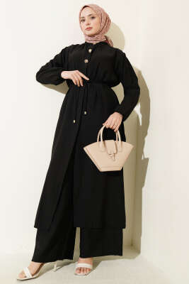 Gold Düğmeli Uzun Tunikli İkili Takım Siyah - NESSİA