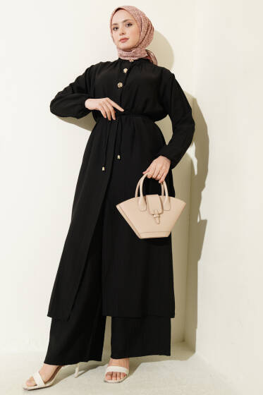 Gold Düğmeli Uzun Tunikli İkili Takım Siyah - İkili Takım