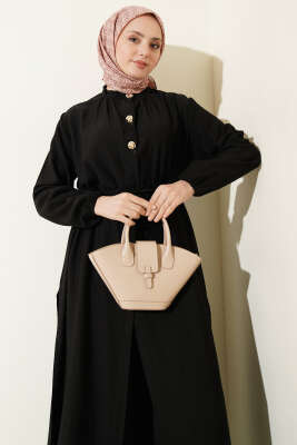 Gold Düğmeli Uzun Tunikli İkili Takım Siyah - İkili Takım