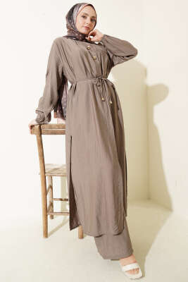 Gold Düğmeli Uzun Tunikli İkili Takım Vizon - NESSİA