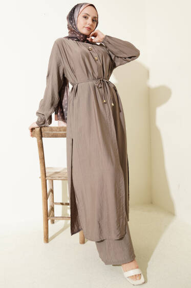 Gold Düğmeli Uzun Tunikli İkili Takım Vizon - İkili Takım