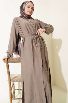 Gold Düğmeli Uzun Tunikli İkili Takım Vizon - İkili Takım