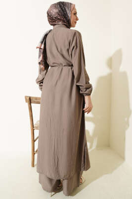 Gold Düğmeli Uzun Tunikli İkili Takım Vizon - İkili Takım