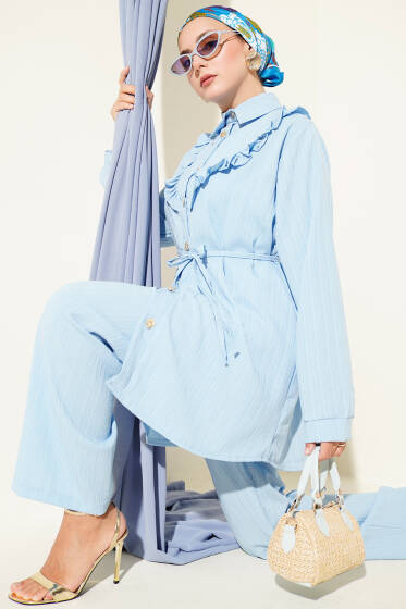 Gold Düğmeli V Fırfırlı İkili Takım Bebe Mavi - İkili Takım