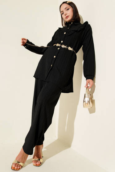 Gold Düğmeli V Fırfırlı İkili Takım Siyah - İkili Takım